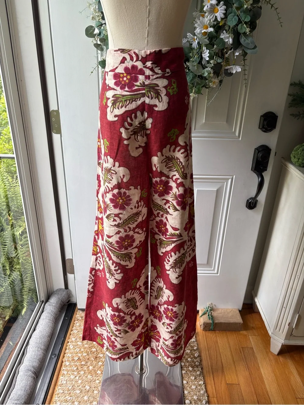 Zara 100% Linen Red Floral Wide-Leg Linen-Blend Pants